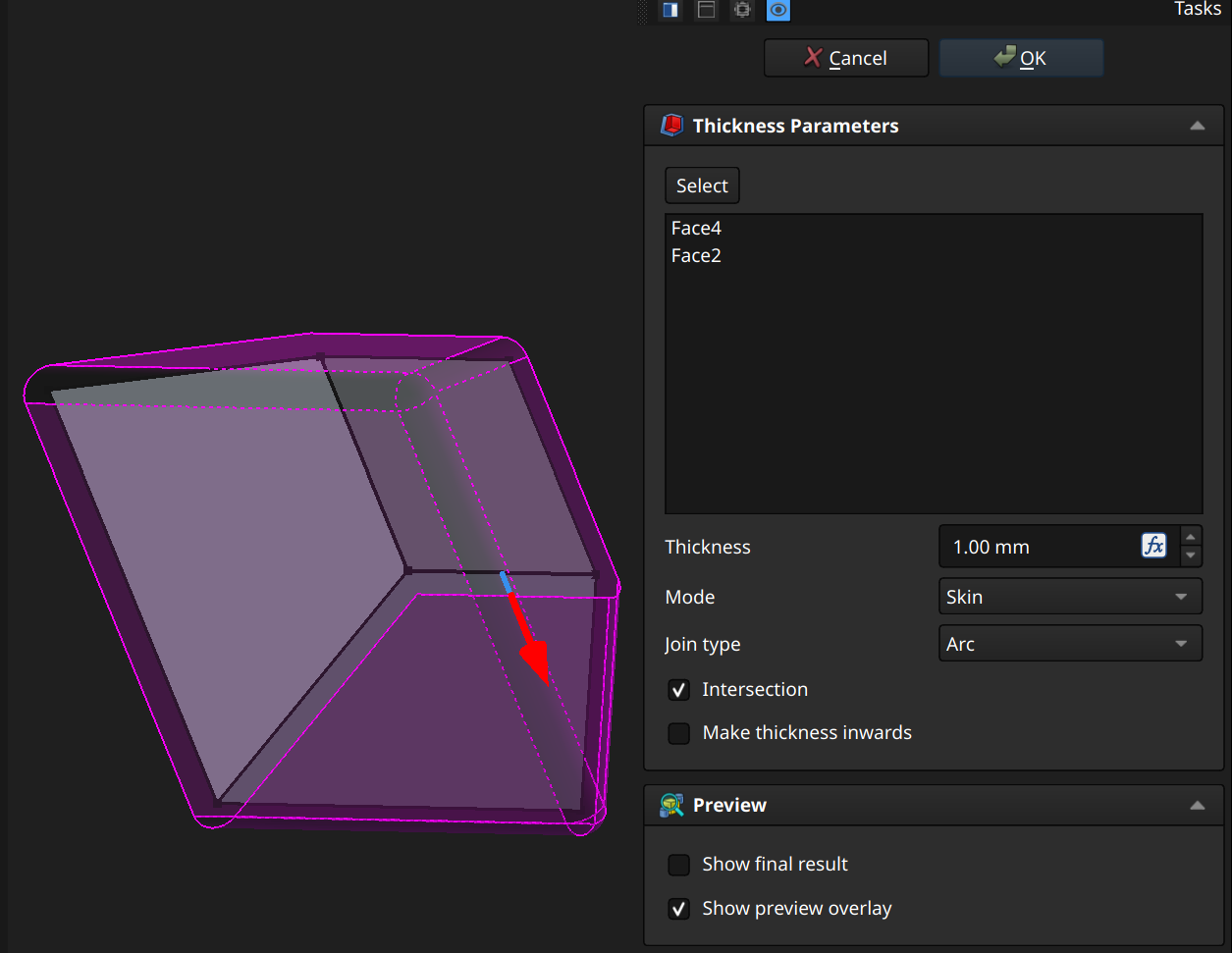 FreeCAD Part Design workbench thickness example